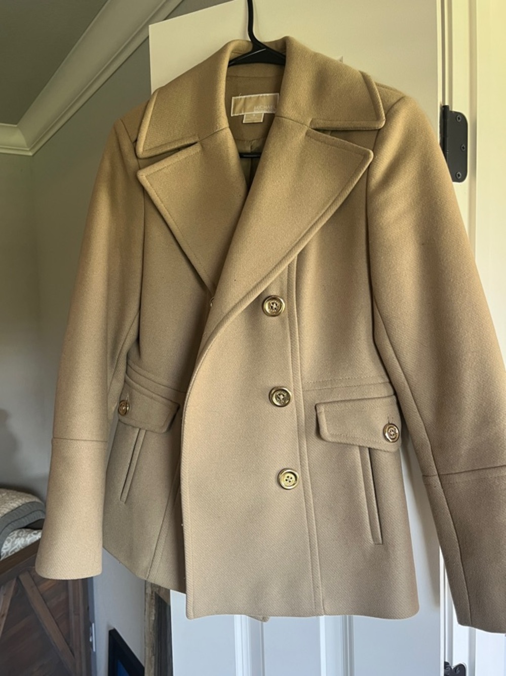 Michael Kors Tan Double-Breasted Wool Peacoat